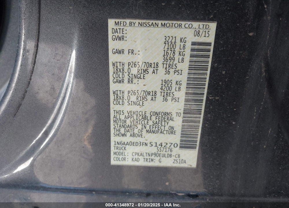 2015 NISSAN TITAN VIN: 1N6AA0ED3FN514270
