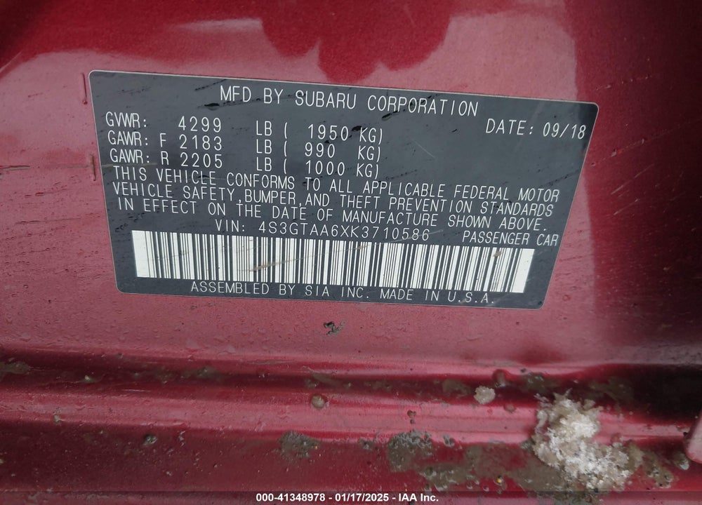 2019 SUBARU IMPREZA VIN: 4S3GTAA6XK3710586