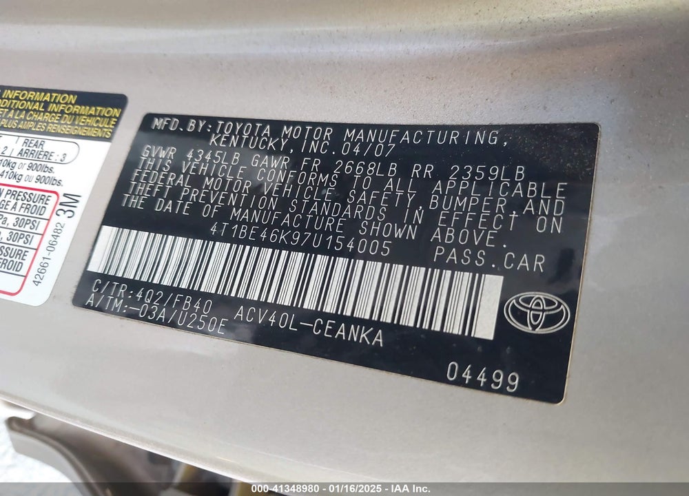 2007 TOYOTA CAMRY LE VIN: 4T1BE46K97U154005