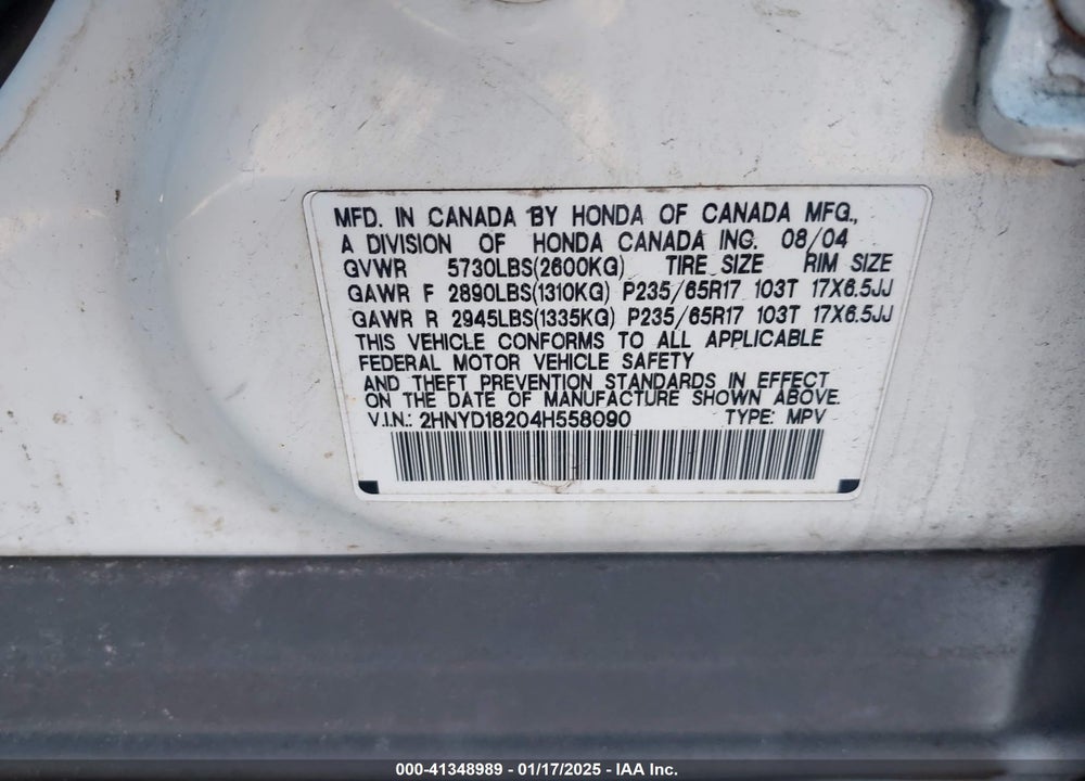 2004 ACURA MDX VIN: 2HNYD18204H558090
