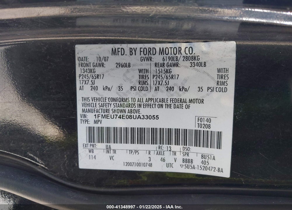 2008 FORD EXPLORER EDDIE BAUER VIN: 1FMEU74E08UA33055