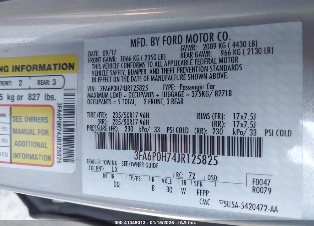2018 FORD FUSION VIN: 3FA6P0H74JR125825