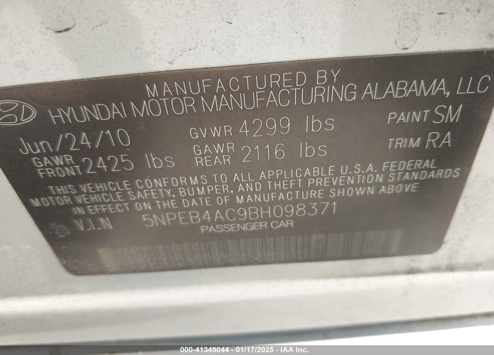2011 HYUNDAI SONATA VIN: 5NPEB4AC9BH098371