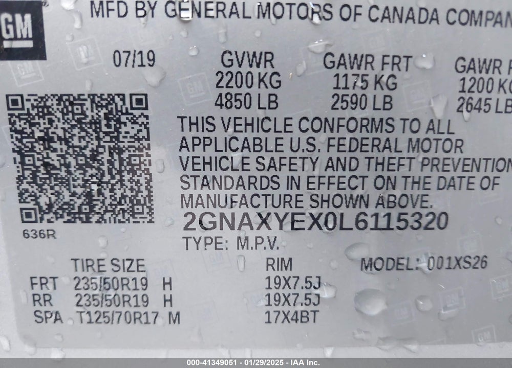 2020 CHEVROLET EQUINOX AWD PREMIER 2.0L TURBO VIN: 2GNAXYEX0L6115320