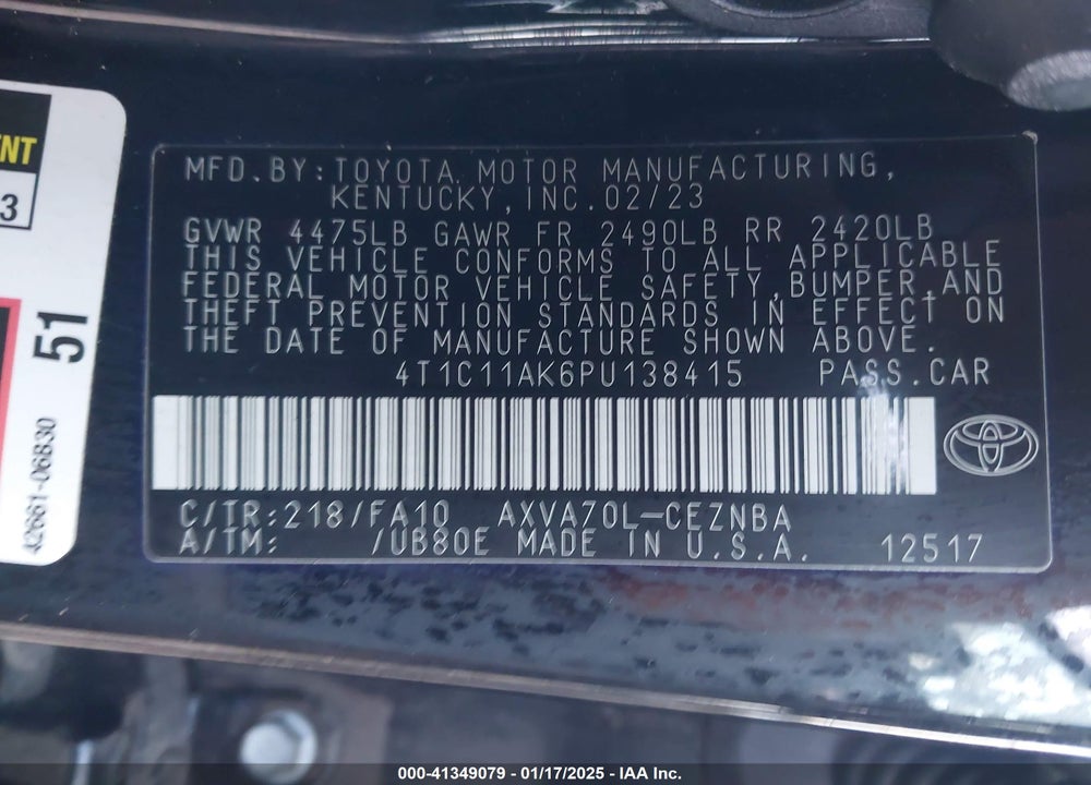 2023 TOYOTA CAMRY LE VIN: 4T1C11AK6PU138415