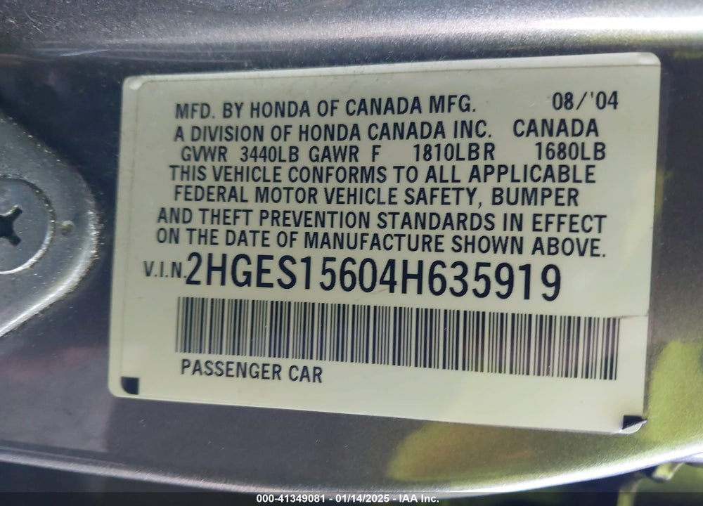 2004 HONDA CIVIC LX VIN: 2HGES15604H635919