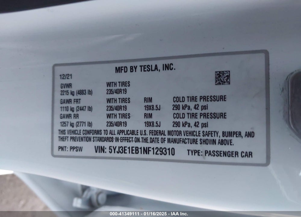 2022 TESLA MODEL 3 VIN: 5YJ3E1EB1NF129310