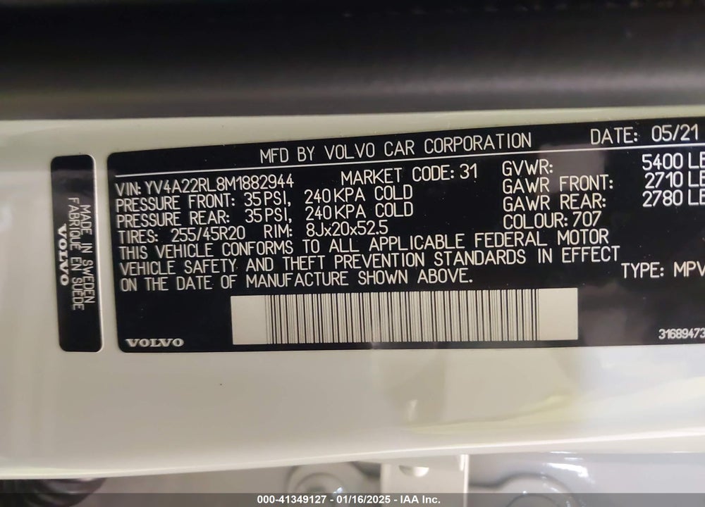 2021 VOLVO XC60 VIN: YV4A22RL8M1882944