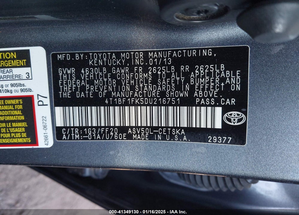 2013 TOYOTA CAMRY VIN: 4T1BF1FK5DU216751