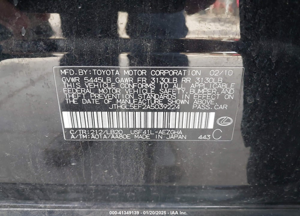 2010 LEXUS LS 460 VIN: JTHGL5EF2A5039224