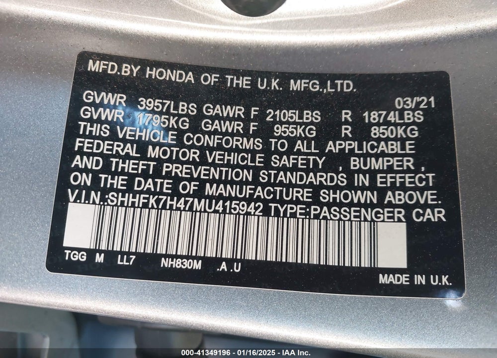 2021 HONDA CIVIC VIN: SHHFK7H47MU415942