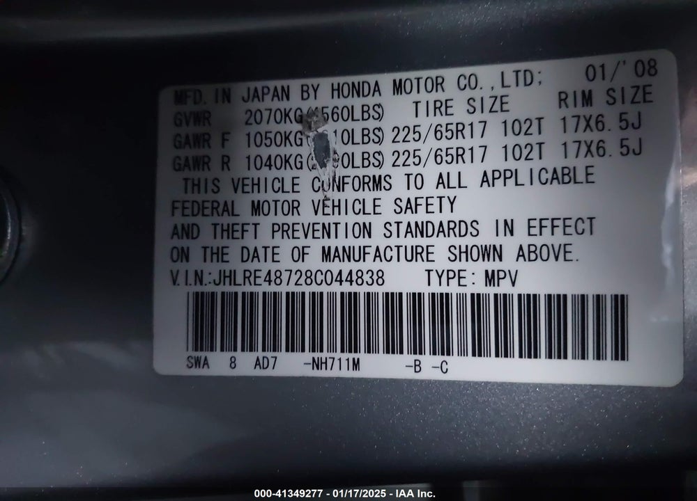 2008 HONDA CR-V EX-L VIN: JHLRE48728C044838