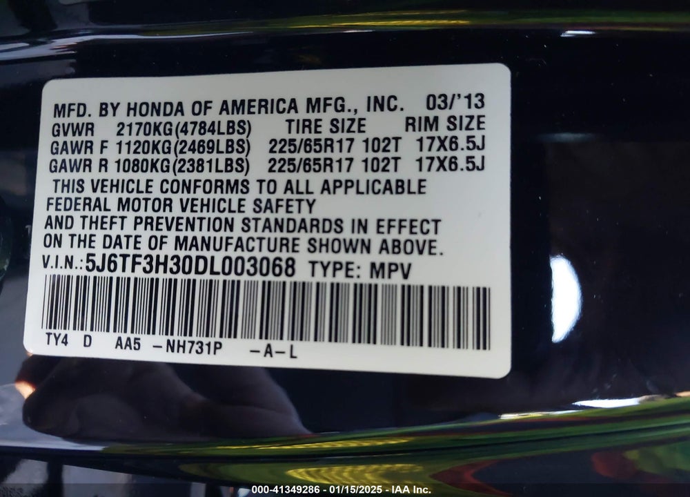 2013 HONDA CROSSTOUR EX VIN: 5J6TF3H30DL003068