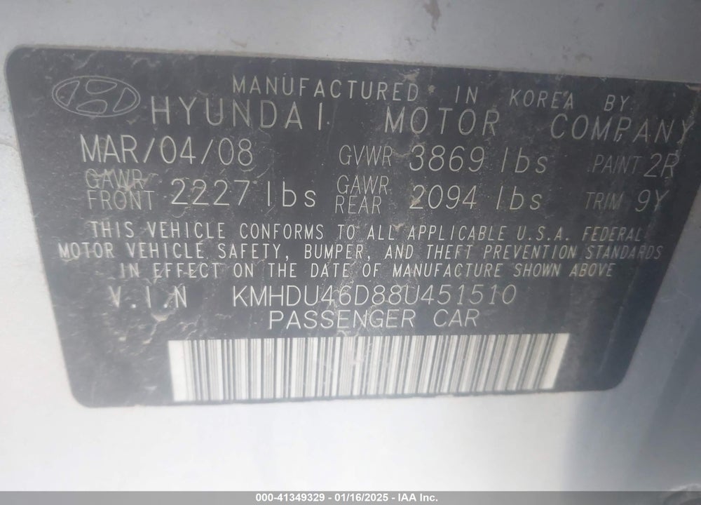2008 HYUNDAI ELANTRA-4 CYL. VIN: KMHDU46D88U451510