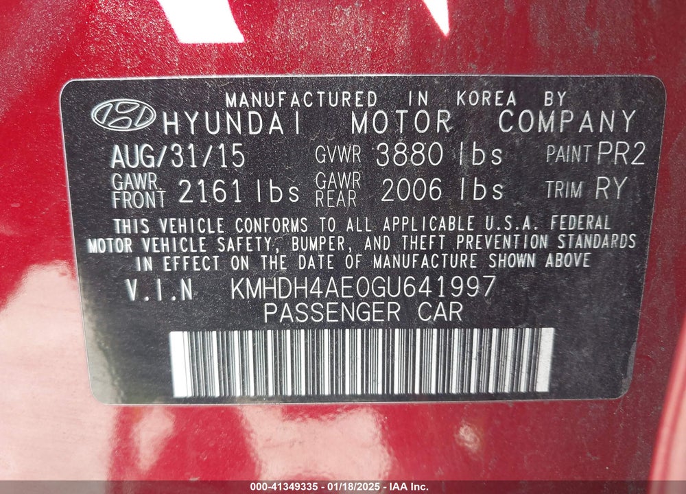 2016 HYUNDAI ELANTRA VALUE EDITION VIN: KMHDH4AE0GU641997