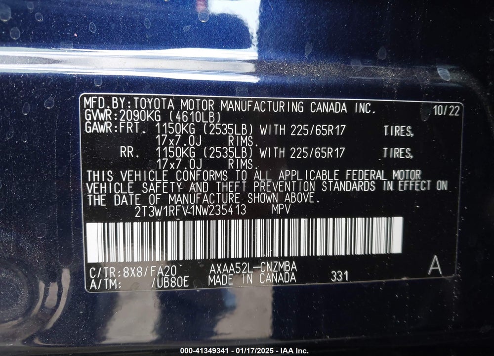 2022 TOYOTA RAV4 XLE VIN: 2T3W1RFV1NW235413