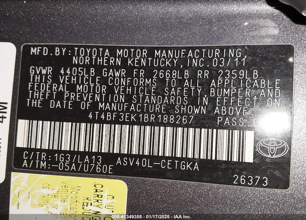 2011 TOYOTA CAMRY XLE VIN: 4T4BF3EK1BR188267