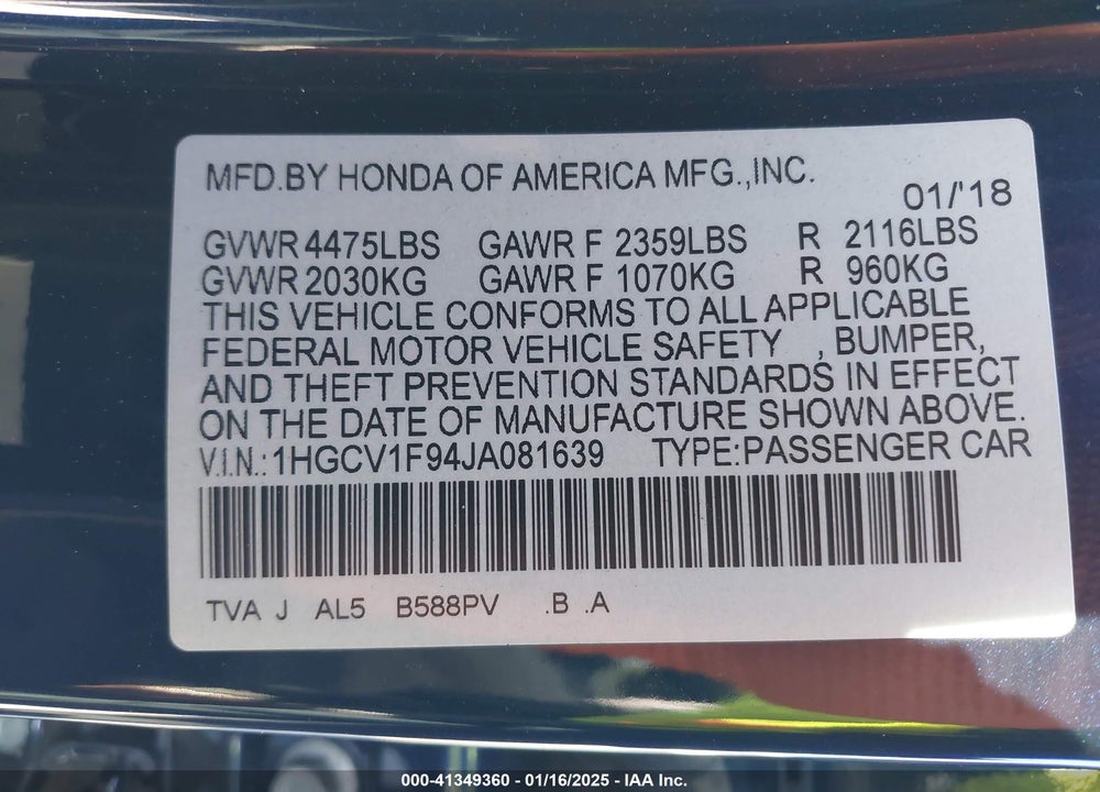 2018 HONDA ACCORD VIN: 1HGCV1F94JA081639