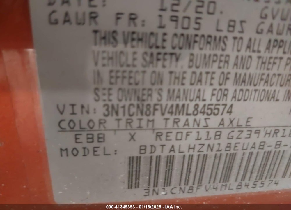 2021 NISSAN VERSA VIN: 3N1CN8FV4ML845574