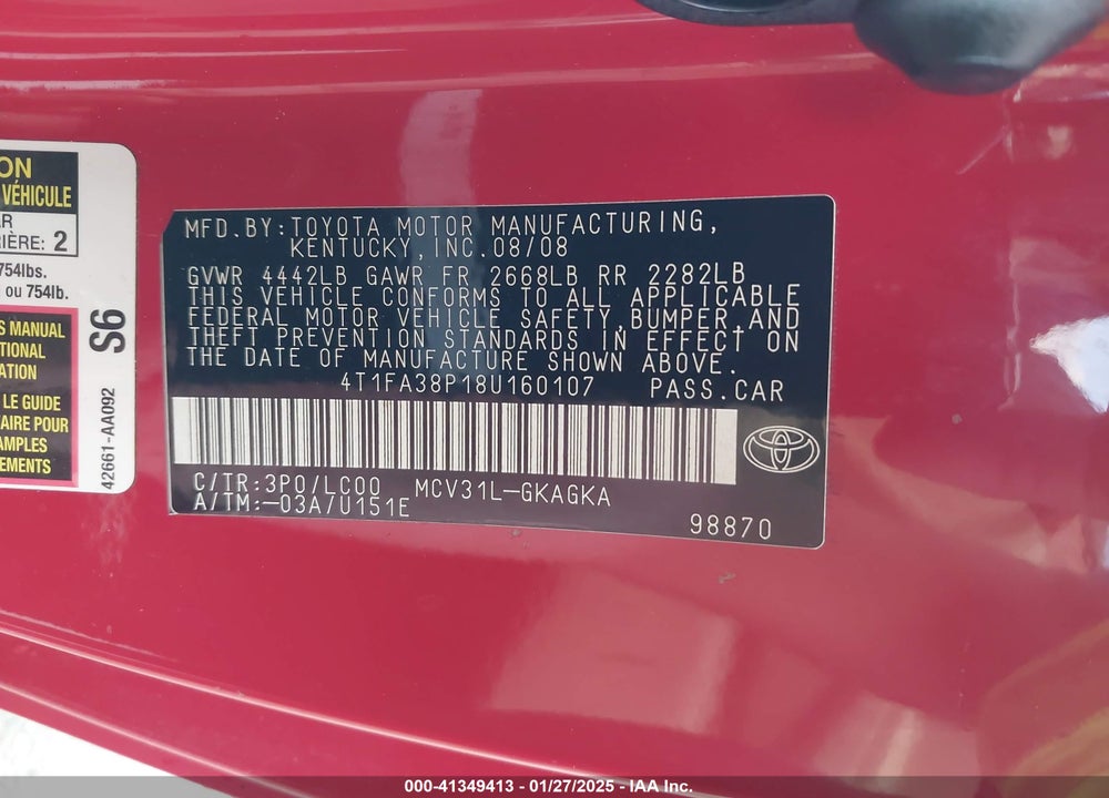 2008 TOYOTA CAMRY SOLARA VIN: 4T1FA38P18U160107