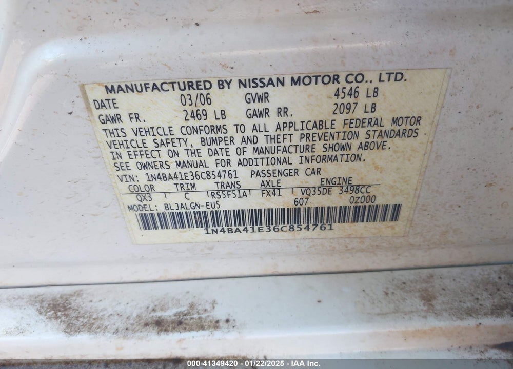 2006 NISSAN MAXIMA 3.5 SL VIN: 1N4BA41E36C854761