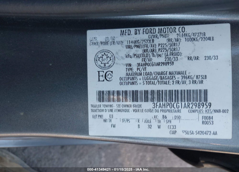 2010 FORD FUSION SEL VIN: 3FAHP0CG1AR298959