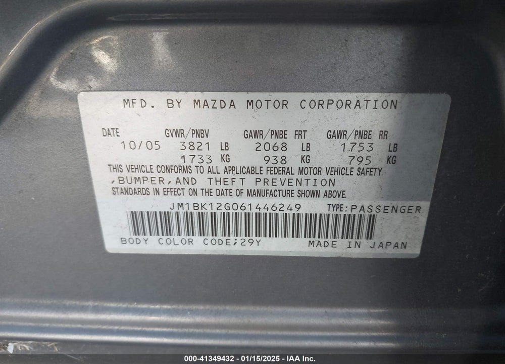 2006 MAZDA 3 I VIN: JM1BK12G061446249