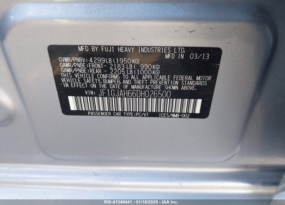 2013 SUBARU IMPREZA VIN: JF1GJAH66DH026500