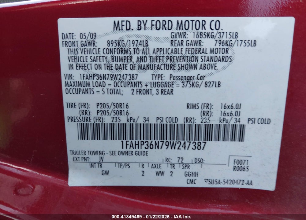 2009 FORD FOCUS SES VIN: 1FAHP36N79W247387