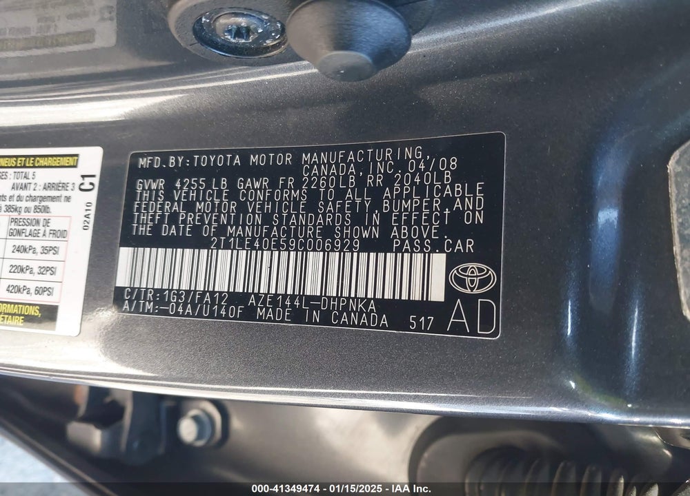 2009 TOYOTA MATRIX VIN: 2T1LE40E59C006929