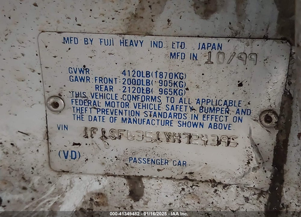2000 SUBARU FORESTER VIN: JF1SF6351YH724395