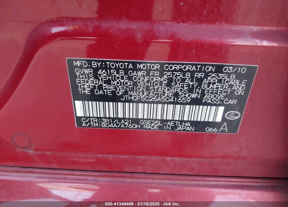 2010 LEXUS IS250 VIN: JTHCF5C26A5041659