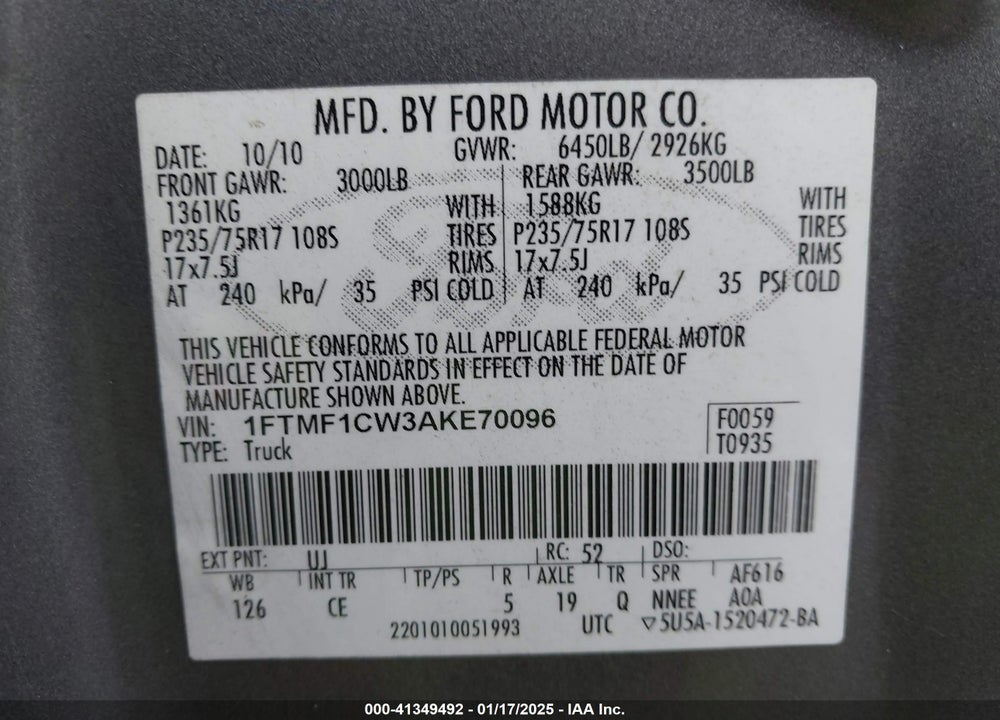 2010 FORD F-150 STX/XL/XLT VIN: 1FTMF1CW3AKE70096