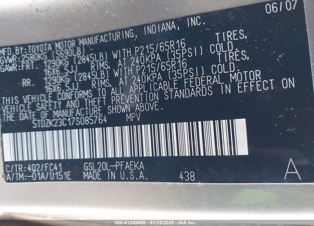 2007 TOYOTA SIENNA LE VIN: 5TDZK23C17S085764