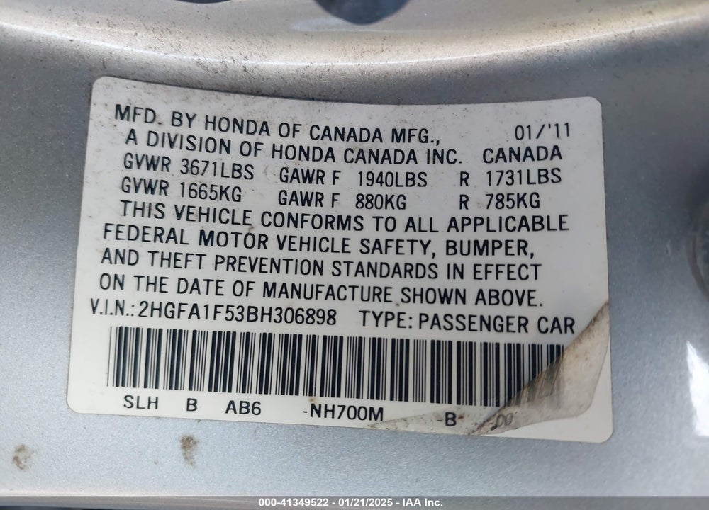 2011 HONDA CIVIC VIN: 2HGFA1F53BH306898