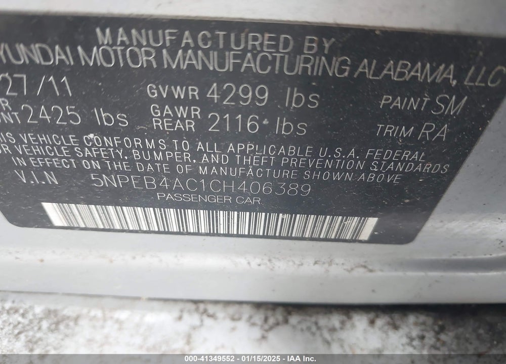 2012 HYUNDAI SONATA GLS VIN: 5NPEB4AC1CH406389
