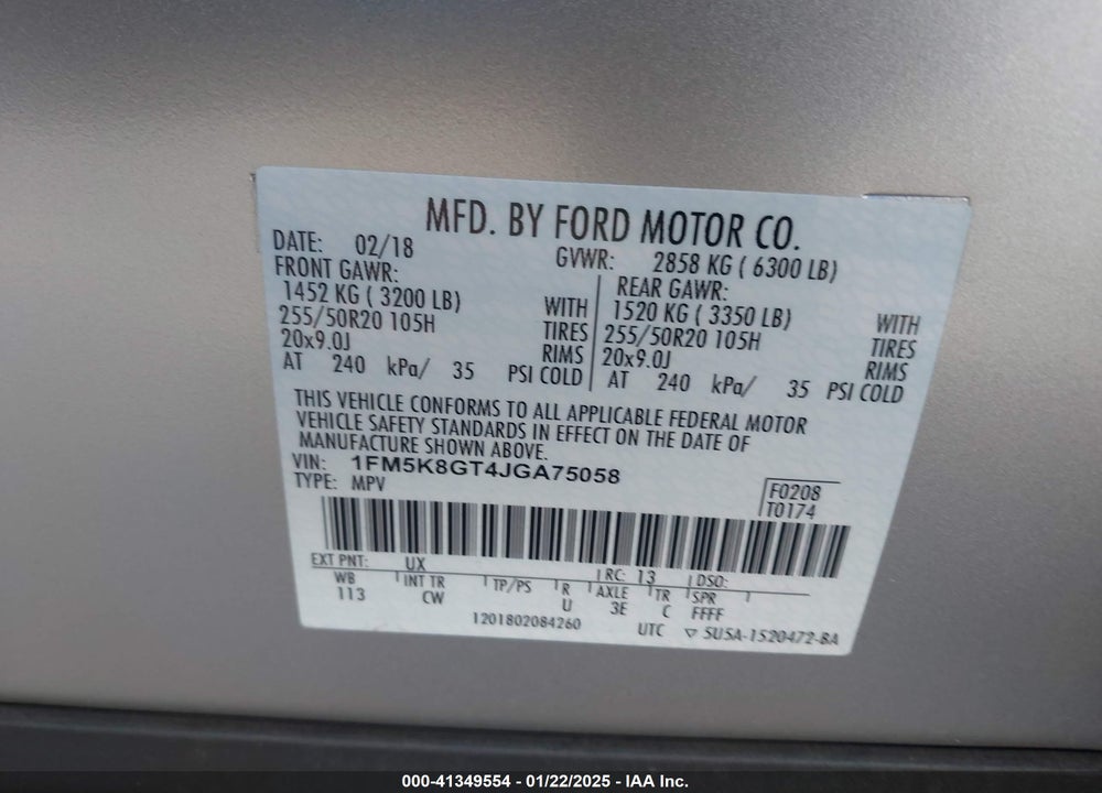 2018 FORD EXPLORER VIN: 1FM5K8GT4JGA75058
