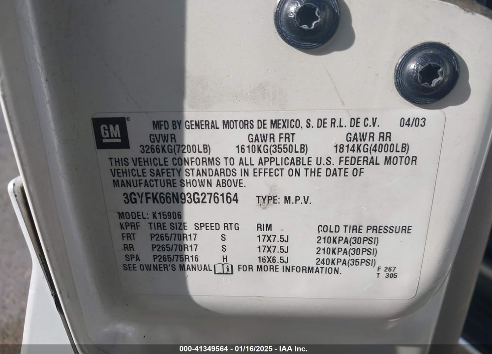 2003 CADILLAC ESCALADE ESV STANDARD VIN: 3GYFK66N93G276164