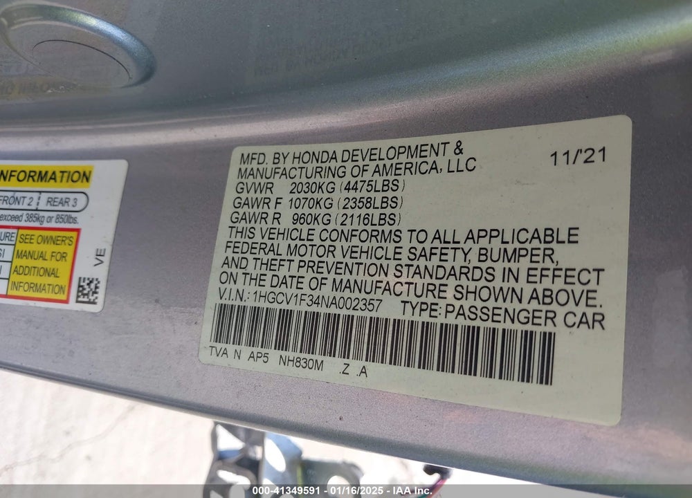 2022 HONDA ACCORD SPORT VIN: 1HGCV1F34NA002357