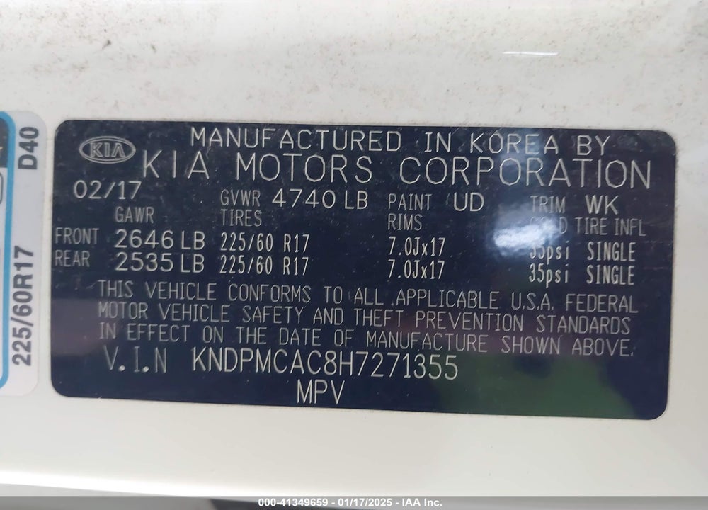 2017 KIA SPORTAGE LX VIN: KNDPMCAC8H7271355