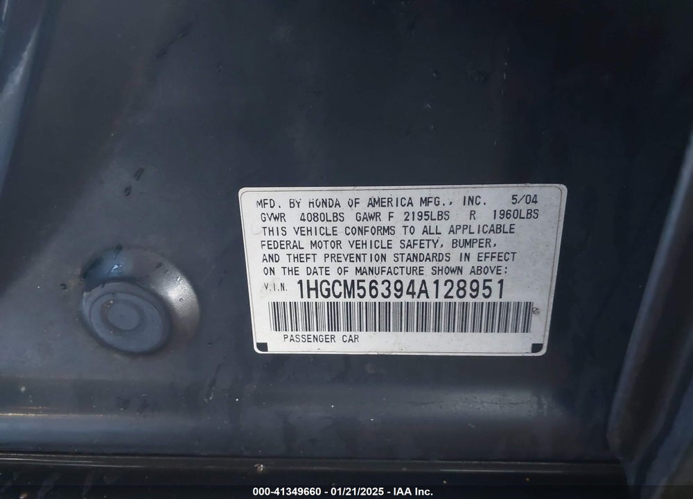 2004 HONDA ACCORD 2.4 LX VIN: 1HGCM56394A128951