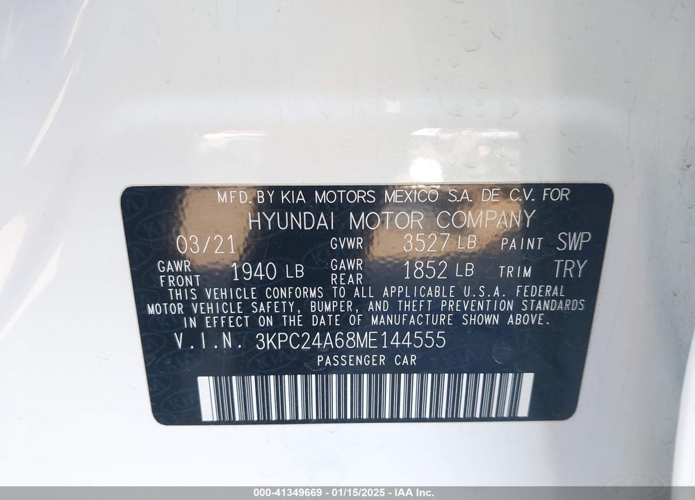 2021 HYUNDAI ACCENT VIN: 3KPC24A68ME144555