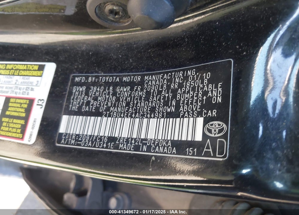 2010 TOYOTA COROLLA VIN: 2T1BU4EE4AC344981