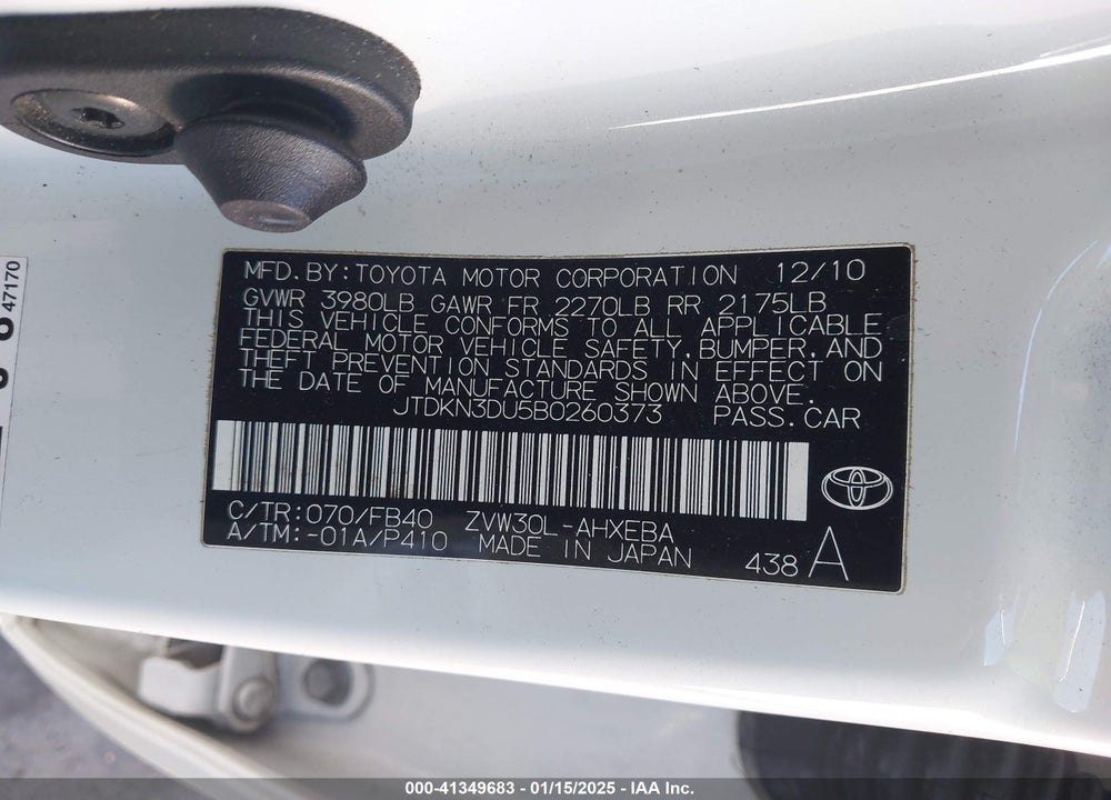 2011 TOYOTA PRIUS VIN: JTDKN3DU5B0260373