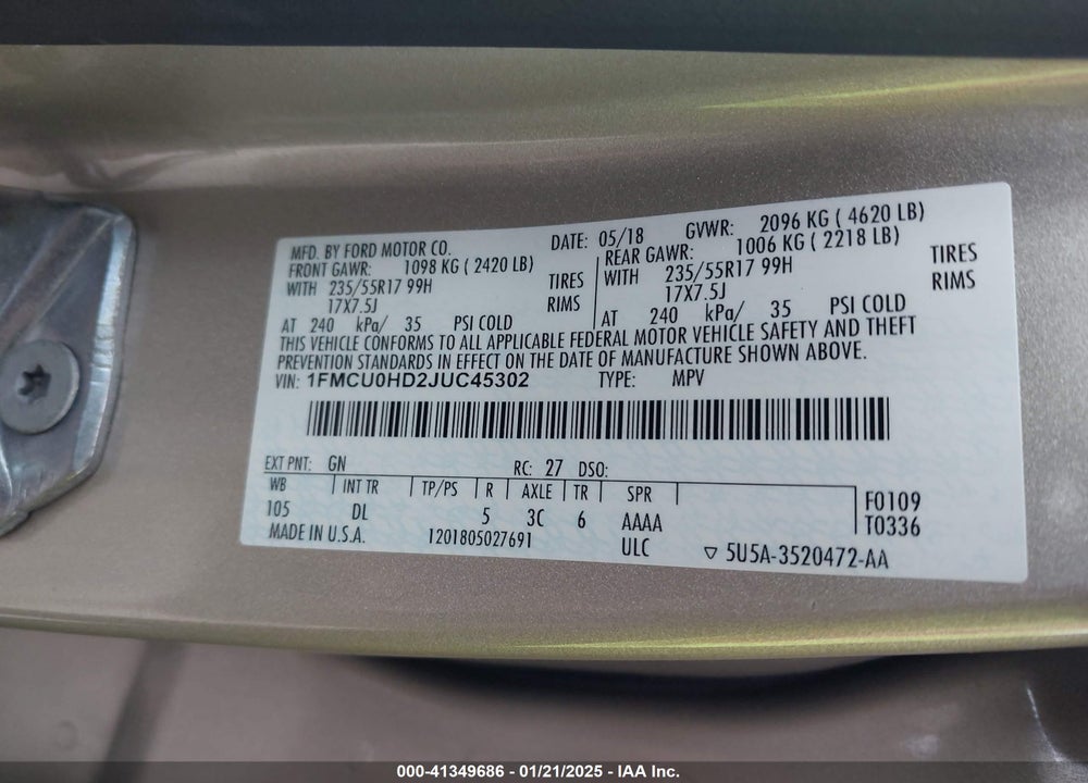 2018 FORD ESCAPE SEL VIN: 1FMCU0HD2JUC45302