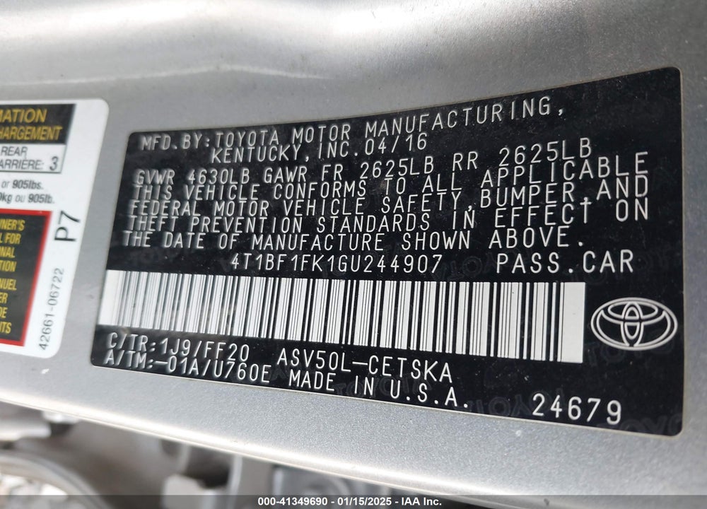 2016 TOYOTA CAMRY SE VIN: 4T1BF1FK1GU244907