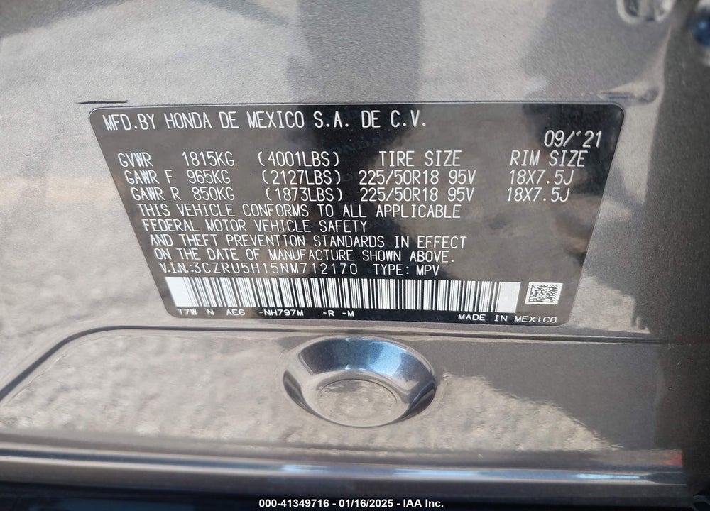 2022 HONDA HR-V 2WD SPORT VIN: 3CZRU5H15NM712170