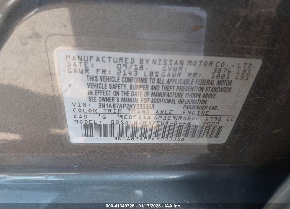 2019 NISSAN SENTRA VIN: 3N1AB7AP2KY233358