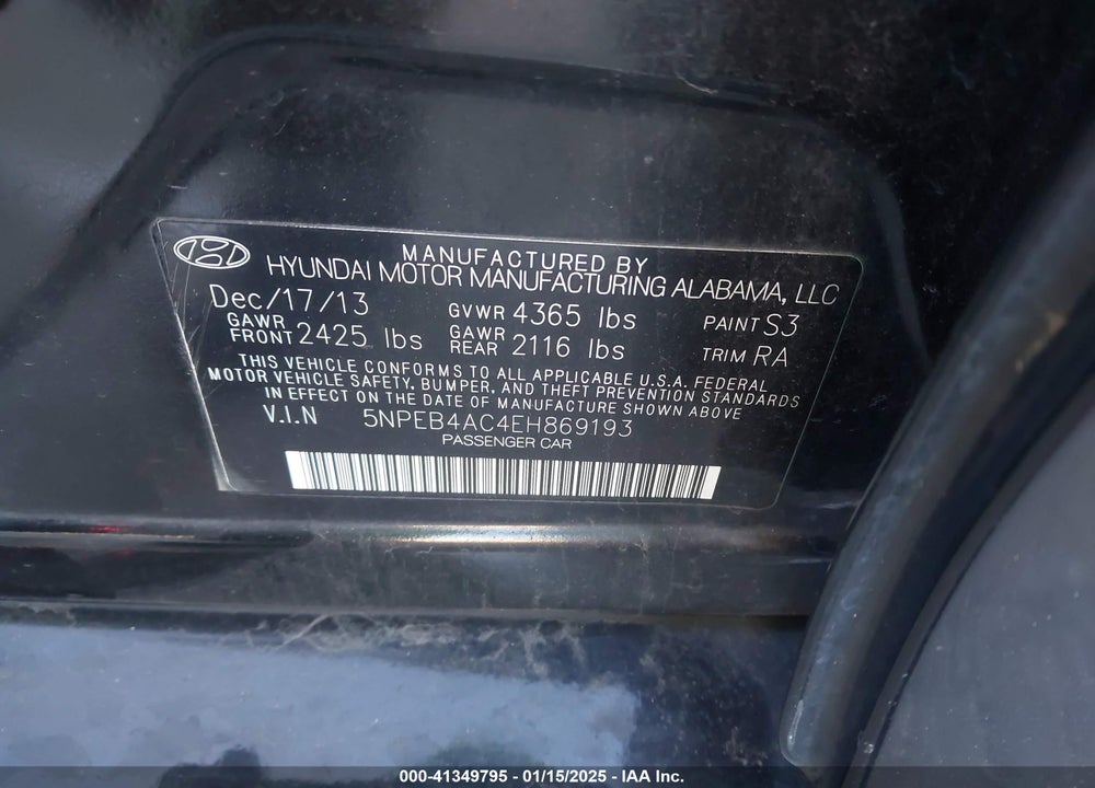 2014 HYUNDAI SONATA GLS VIN: 5NPEB4AC4EH869193