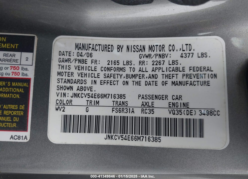 2006 INFINITI G35 VIN: JNKCV54E66M716385